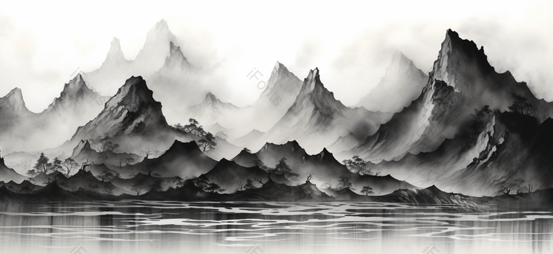 中国风云雾缭绕山峰层枯树枝黑白水墨山水画,插画/手绘图,插画/手绘图库,插画/手绘图下载,插画/手绘